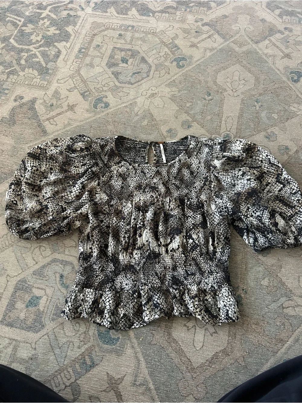 Free People Smocked Puff Sleeve Snake Print Top - Black & Cream